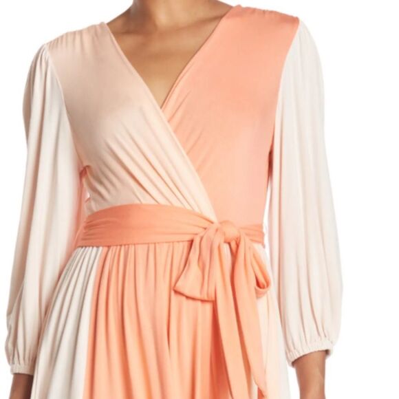 Calvin Klein color block Surplice Faux Wrap Dress in blossom,peach & cream SZ12 - Picture 1 of 16